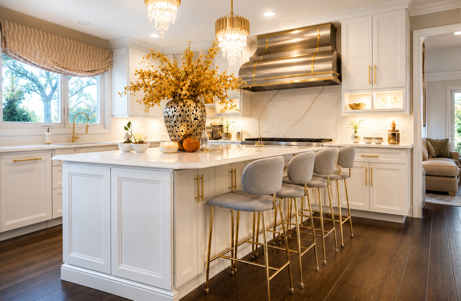 Luxury white kitchen with gold accents, marble countertops, island seating, and decorative golden flower arrangement