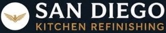 San Diego Kitchen Refinishing logo with white wings icon and gold text on dark background