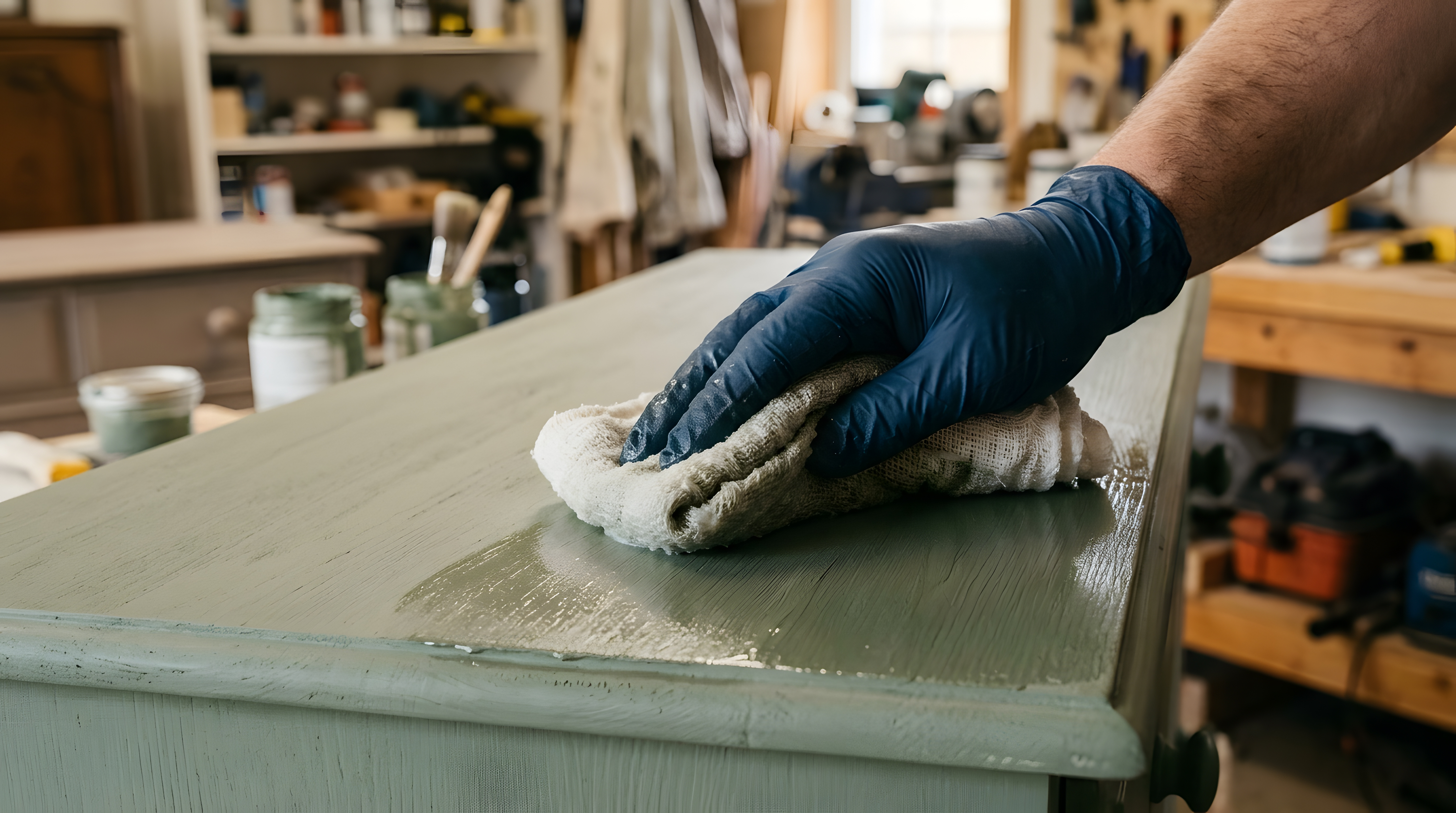 Craftsperson wearing blue gloves wiping wet paint on wooden furniture in workshop