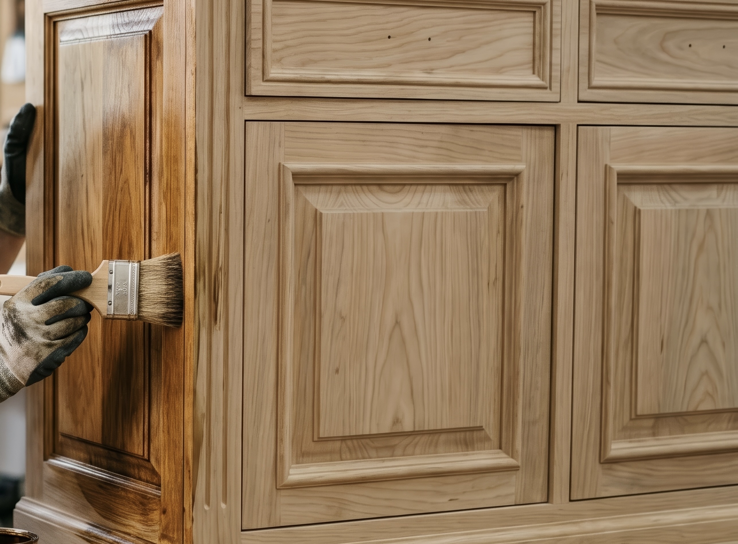 Worker applying wood stain with paintbrush to cabinet doors